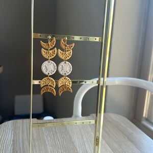 Moon phases clay earrings. Yellow and white. Gold metal. About 3 inches.